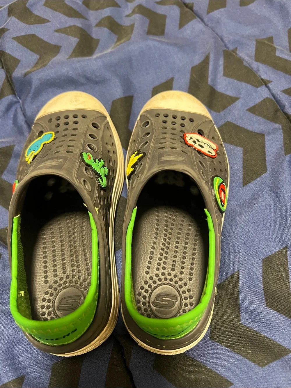 Skechers Kids Black and Neon Green Water Clogs with Colorful Patches